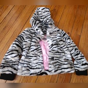 Juicy Couture girls' black and white faux fur hooded jacket with a pink satin